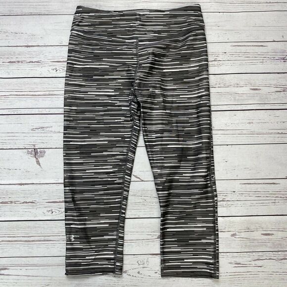 Under Armour Womens Striped Black White Capri Leggings Size M Compression Heat - Picture 1 of 4